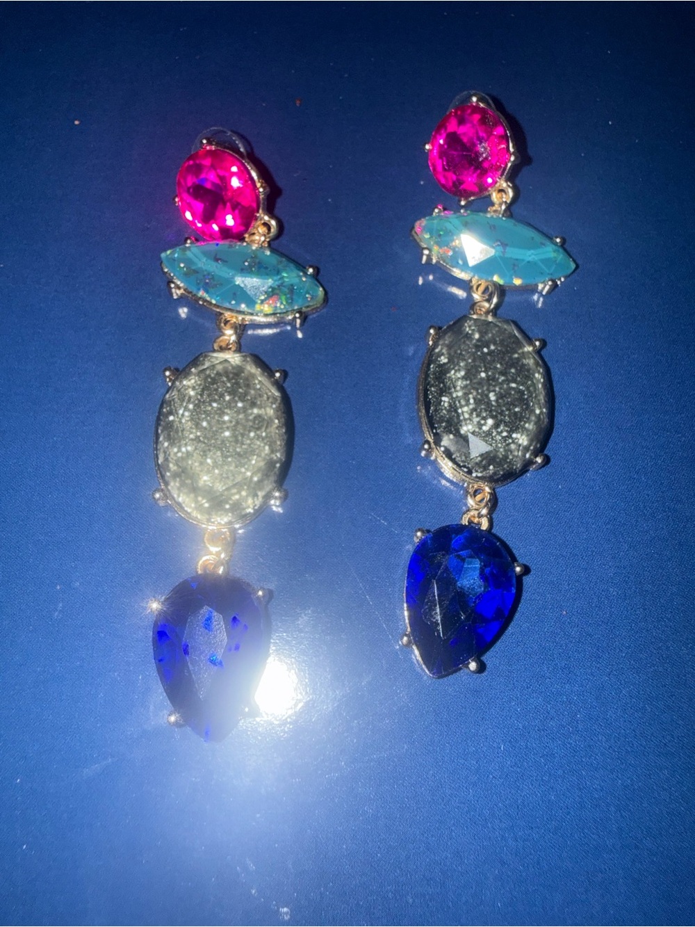 Multi-Color Crystal Drop Earrings - Pink, Aqua, Silver, Blue